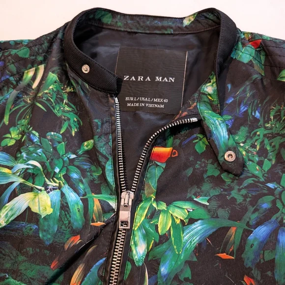 Zara Man Black And Tropical Print Bomber Jacket ~ Size Medium - Picture 8 of 15